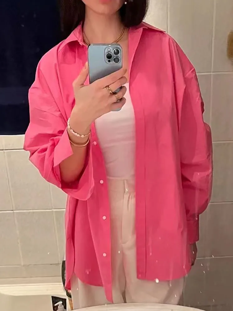 

DYLQFS Women Loose Oversized Shirts 2022 New Fashion Casual Office Poplin Shirts Ladies Lapel Single Breasted Shirts