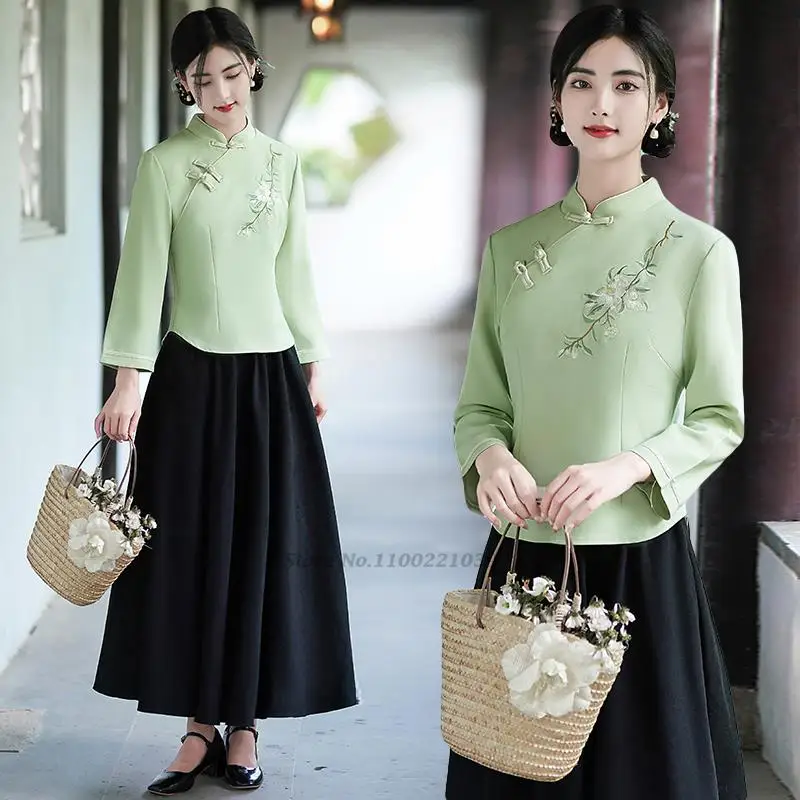 

2023 ethnic style blouse traditional chinese flower embroidery hanfu shirts women national improved qipao female vintage blouse