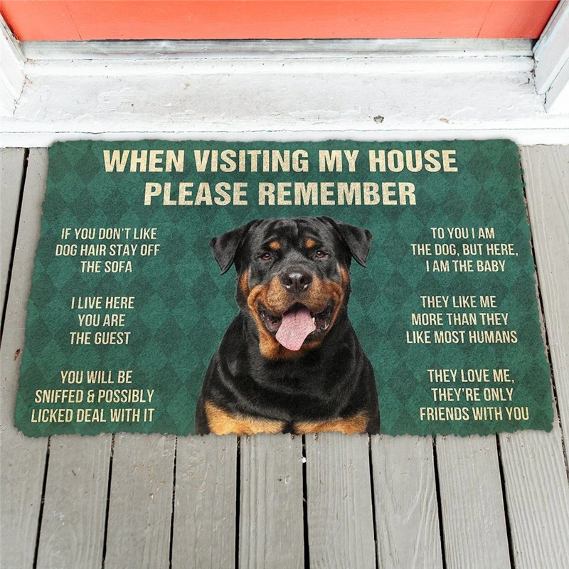 

Please Remember Rottweiler Dogs House Rules Doormat Decor Print Carpet Soft Flannel Non-Slip Doormat for Bedroom Porch