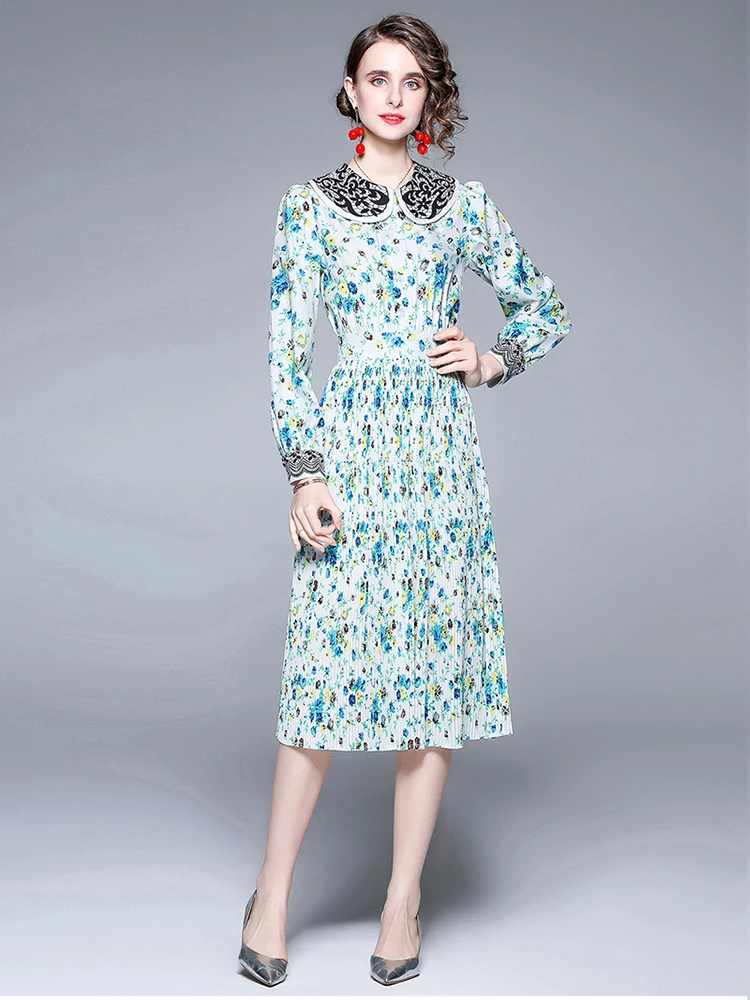 

Merchall Spring Summer Fashion Runway Midi Dress Women Lace Collar Long Sleeve Floral Print Slim OL Pleated Vestidos M1228