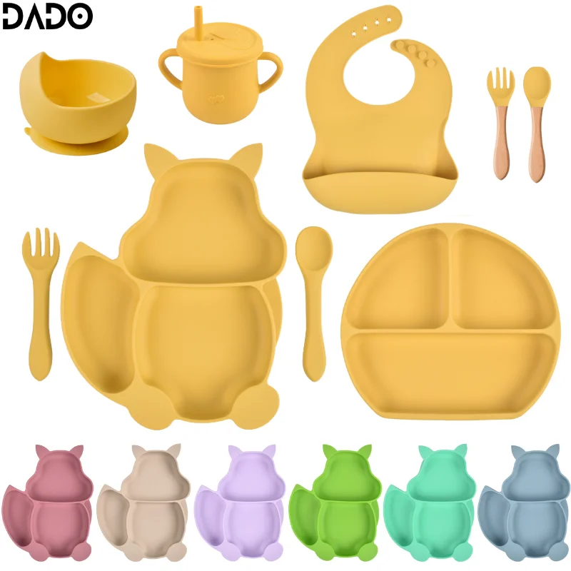 детская посуда для еды силиконовая посуда дети hабор для кормления ребенка силиконовые чаши на присоске разделенные тарелки, соломенная чашка, посуда для самостоятельного приготовления, набор нагрудников, ложек, Вилок