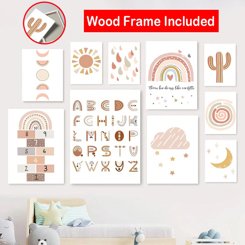 

Baby Room Decor Poster Boho Wall Art Heart Rainbow Nursery Alphabet Art Painting With Frame Nordic Wall Pictures For Girl Room