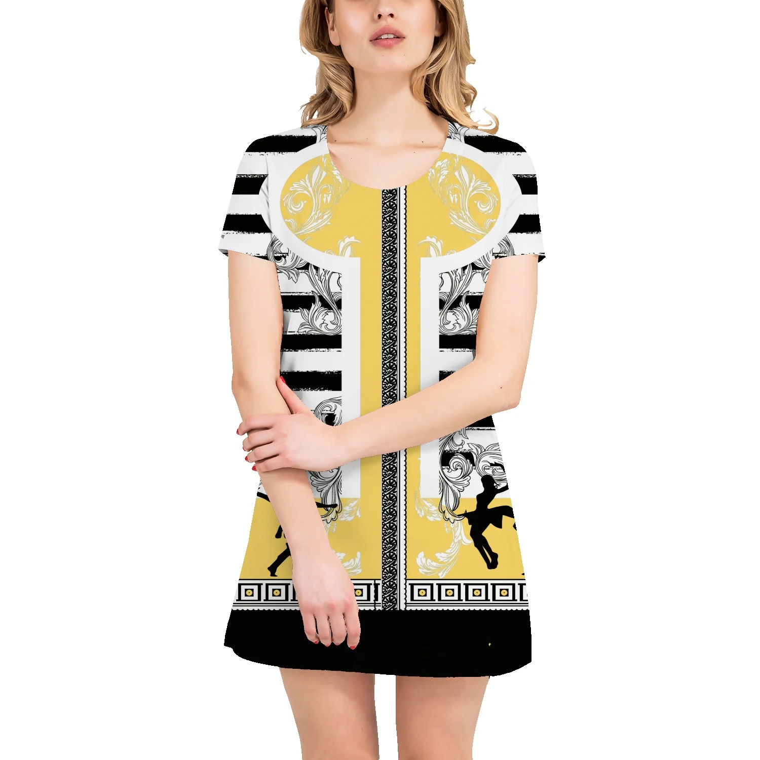 

Летняя Повседневная трапециевидная юбка-футболка в полоску с круглым вырезом и короткими рукавами, юбка-трапеция, новинка 2022, дикая легкая ...