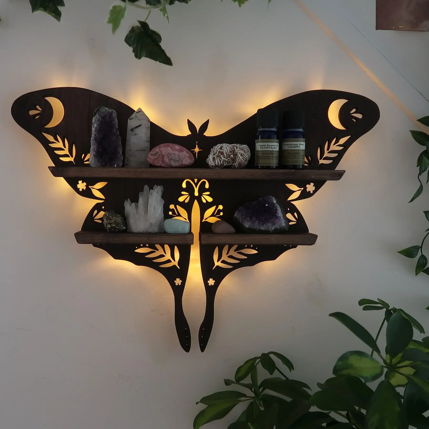 

Luna Moth Butterfly Lamp Wooden Shelf Wall Display Decoration Crystal Holder Essential Oil Storage Rack Home Decor Organizers