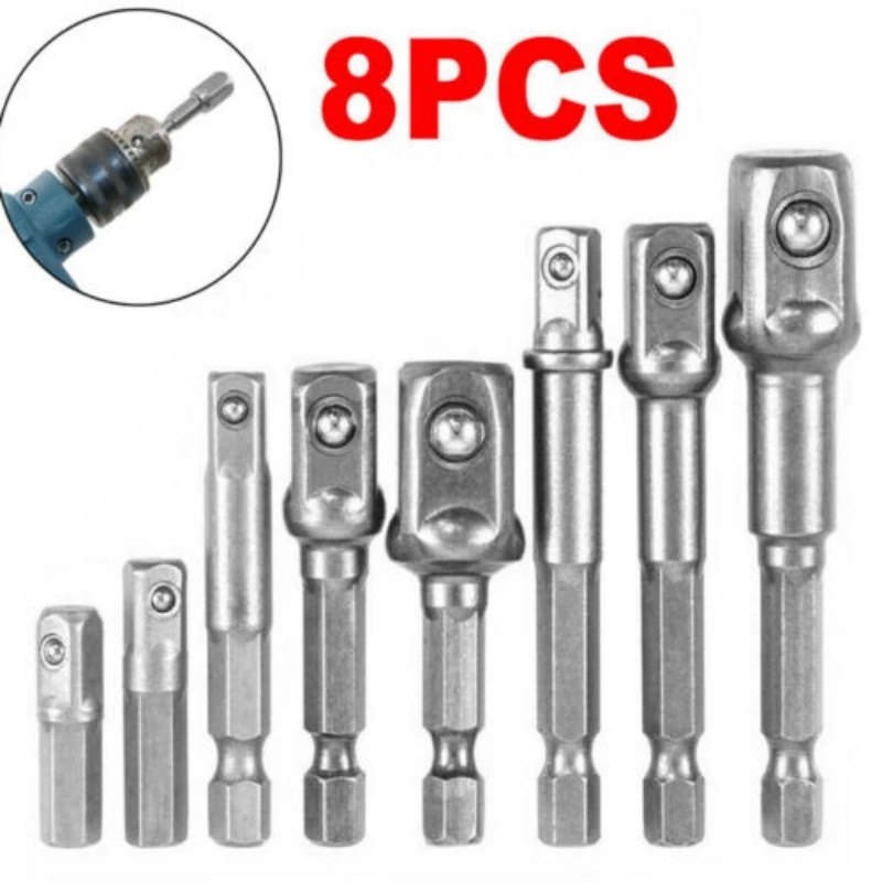 

1/2'' Driver Head Impact For Hex Adapter Tools Hand Set Shank Drill Bit 1/2'' Extension 3/8'' Square Adapter Socket 8pcs Drill