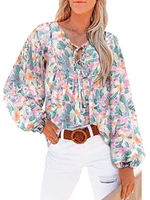 women long sleeve floral ruffled tunic tie v neck casual tops