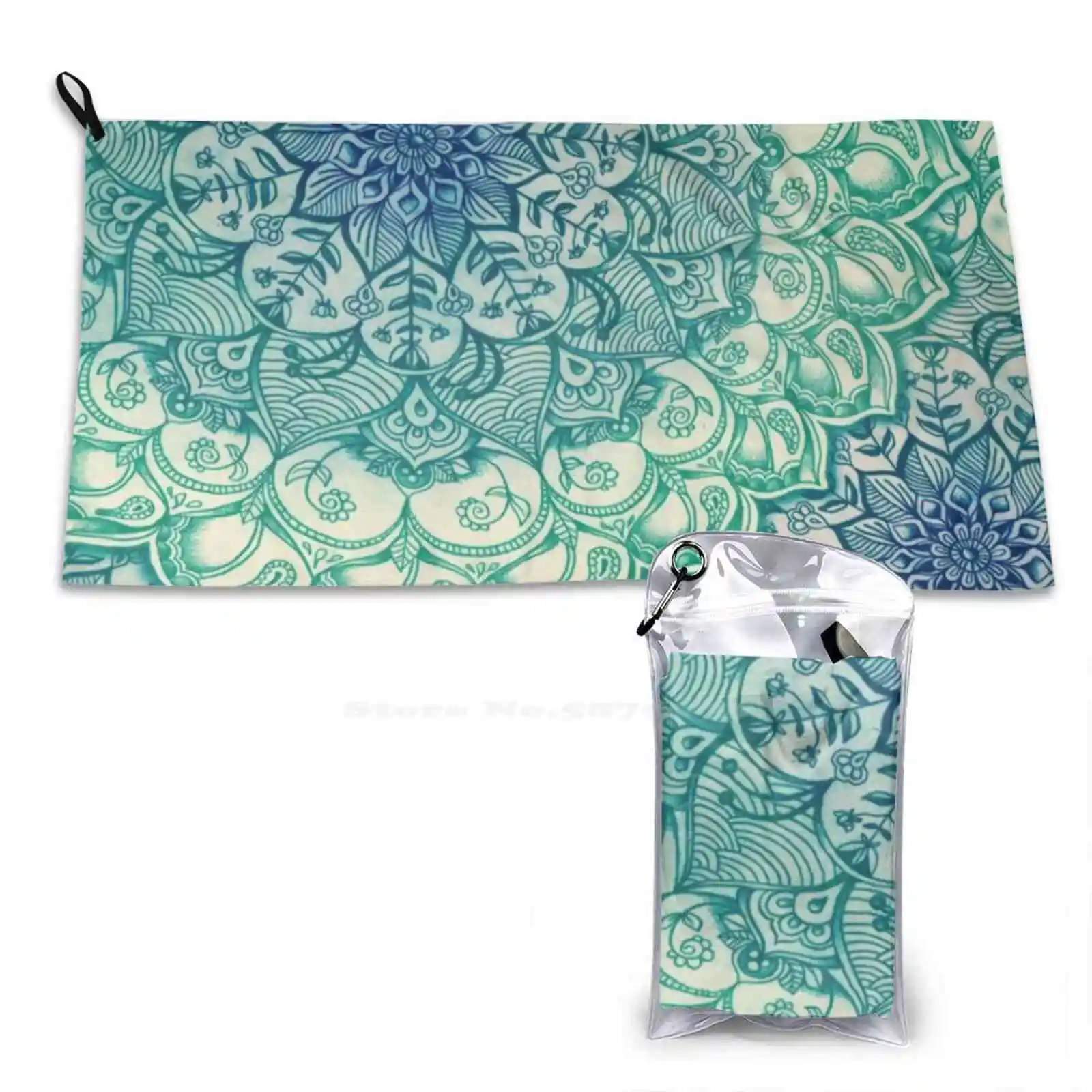 Beach Towel Sunscreen Blanket Emerald Cobalt Green Detailed Doodles Hand Drawn Floral Mandala