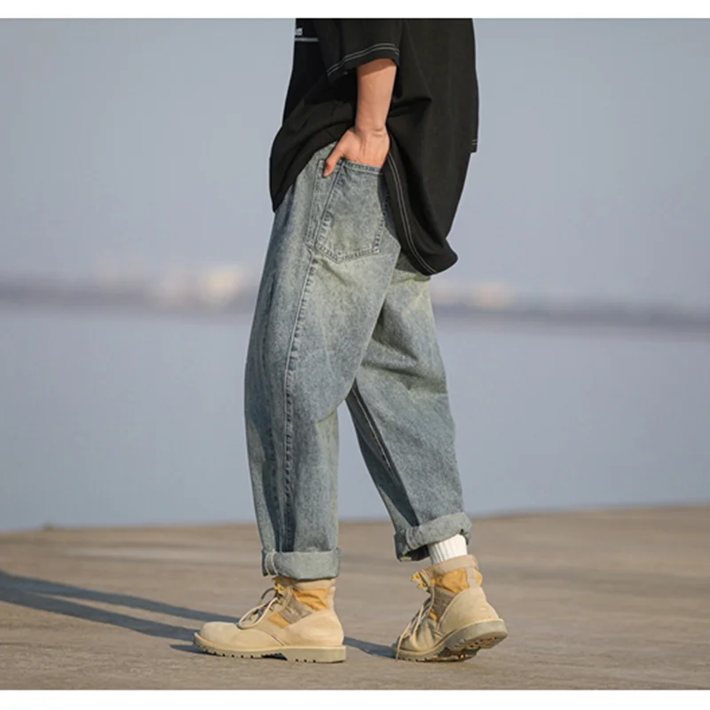 Men Clothing 2022 Autumn New Style Vintage Versatile Straight Cylinder Haren Pants Loose Recreational Temperament Jeans Female