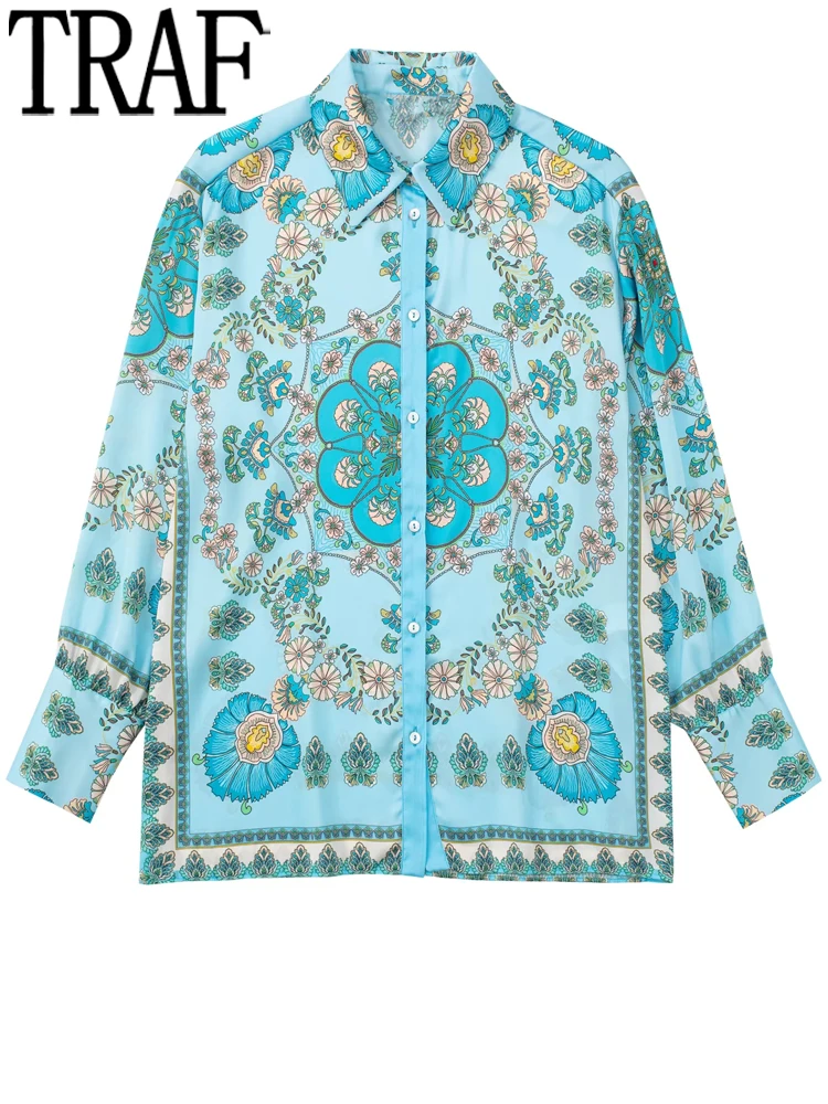 

TRAF Blue Baggy Shirt Women Streetwear Long Sleeve Top Female Printed Vintage Button Up Shirt Woman 2022 Casual Summer Blouses