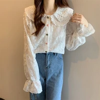 spring long sleeve tops ladies korean style cute peter pan collared shirt colored buttons up flower embroidery lace blouse women