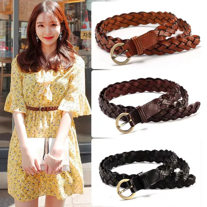 

Korean Fashion 3 Strands of Broken Cowhide Braided Candy 2cm Width Fine Ladies Two-layer Cowhide Dress Jeans Belt