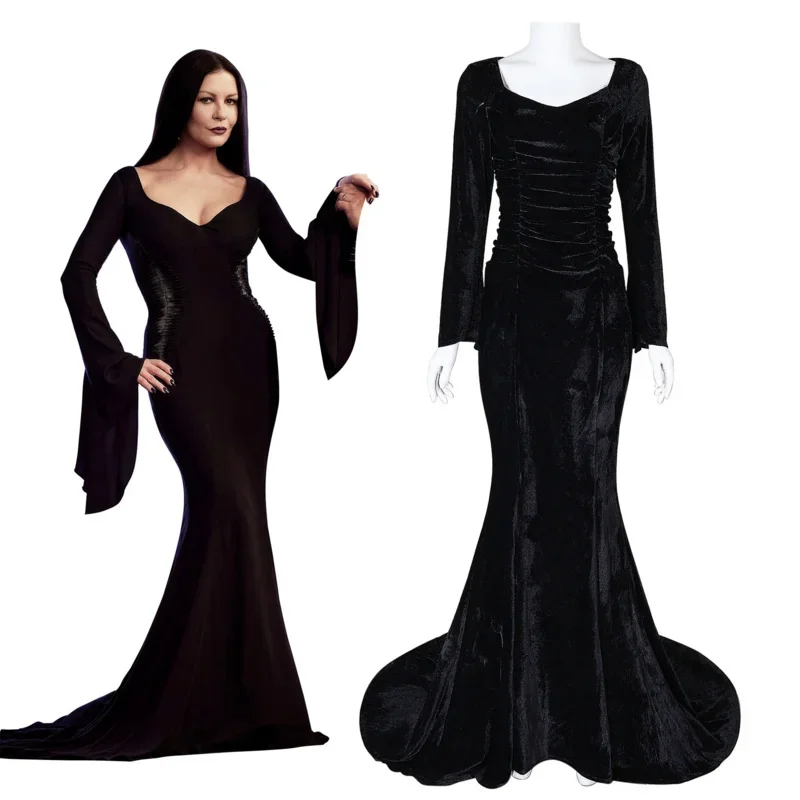 Фото Женский костюм для косплея Morticia, черный сексуальный облегающий парик, искусственное вечернее платье для Хэллоуина и карнавала №2