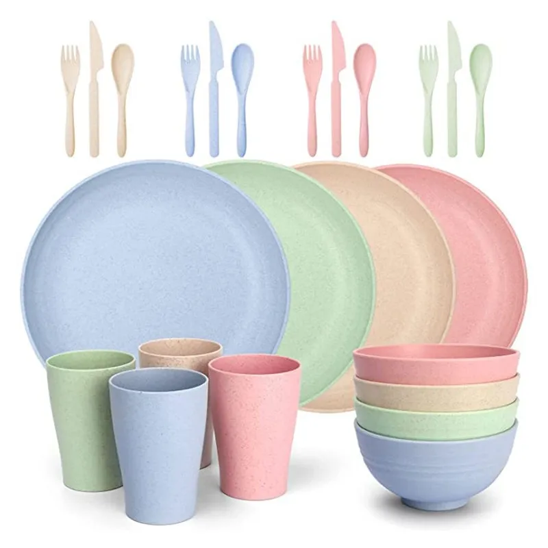 

Inyahome Wheat Straw Dinnerware Sets 24pcs Unbreakable Microwave Dishwasher Safe Tableware Lightweight Bowls Cups Plates Set