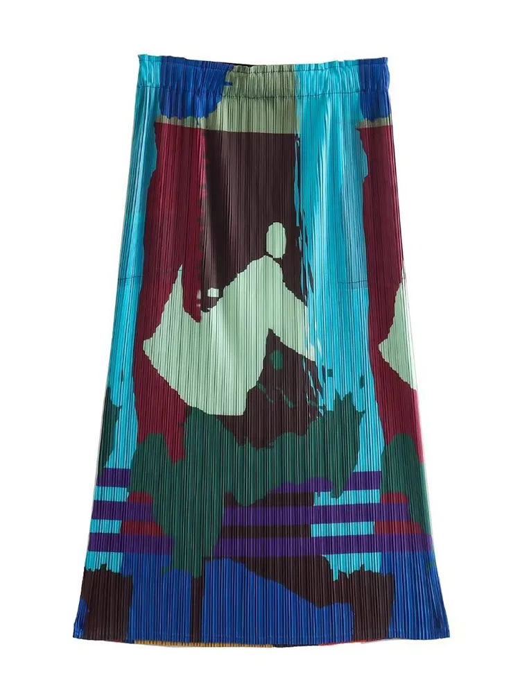 

2023 summer new all-match fashion abstract printing bag hip slit bohemian style pleated skirt women's clothing