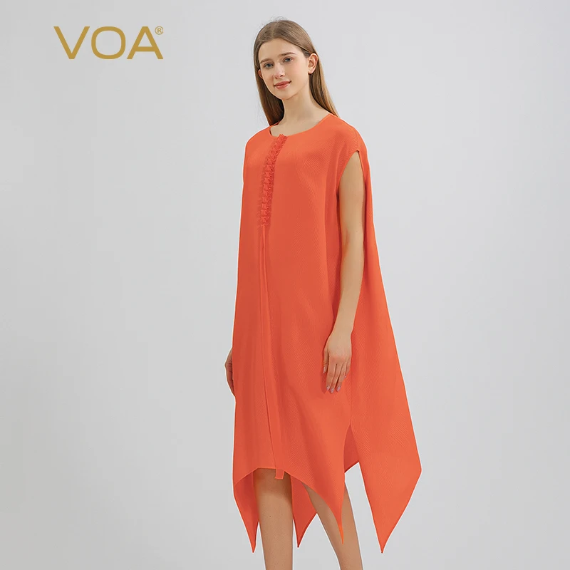

VOA 22 Momme Silk Orange Round Neck Short Sleeve Dresses Women Fungus Lace Ribbon Three-dimensional Decorative Silk Dress AE1378