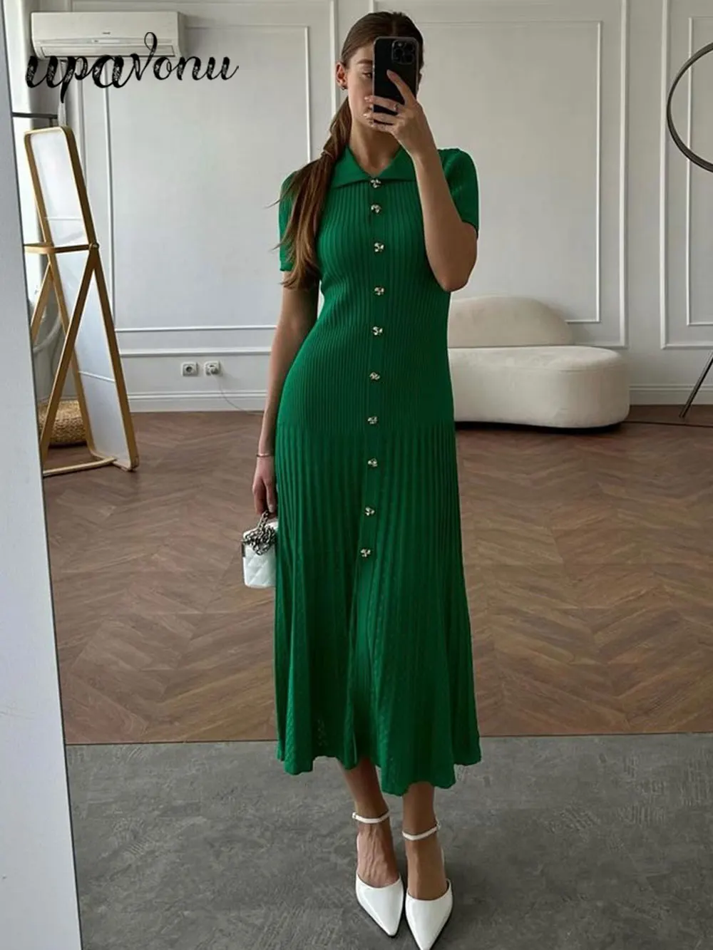 Женское Повседневное трикотажное платье с отложным воротником облегающее