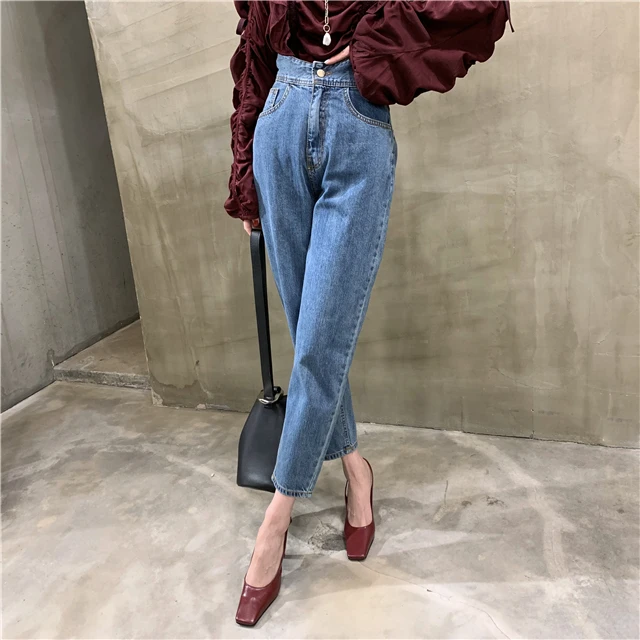 2021 New Vintage Women's High Waist Jeans Pants Button Chic Pants Female Pockets Blue Streetwear Loose Straight Denim Trousers