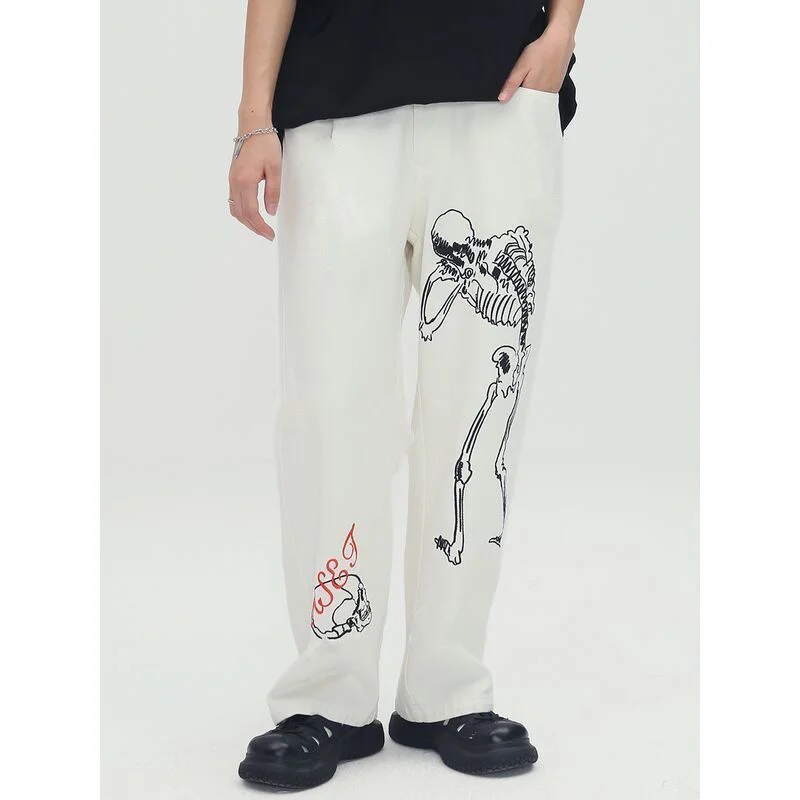 

Джинсы женские Мешковатые с принтом черепа, винтажные повседневные брюки с высокой талией, уличная одежда в стиле хип-хоп, вареные