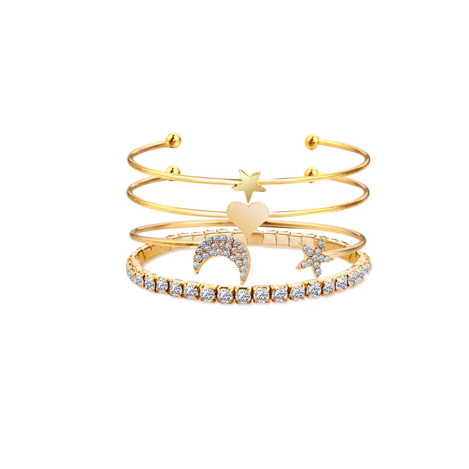 

4Pcs Gold Cuff Bangle Bracelets for Women,Gold Plated Women`s Bangle Bracelets Heart Star Moon Rhinestone Stackable Bracelets
