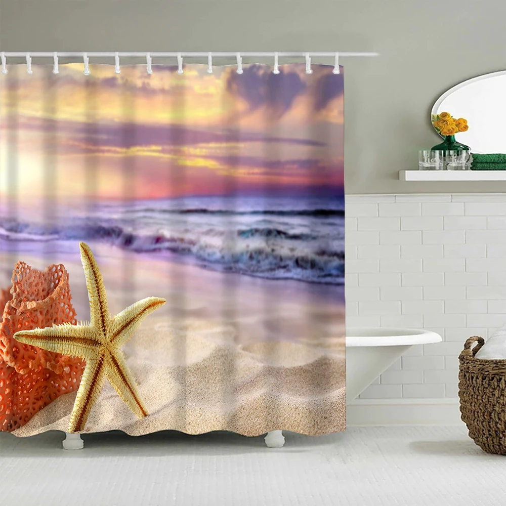 

Водонепроницаемая занавеска для душа, занавеска из полиэстера с 3D принтом пляжа и океана, с крючками