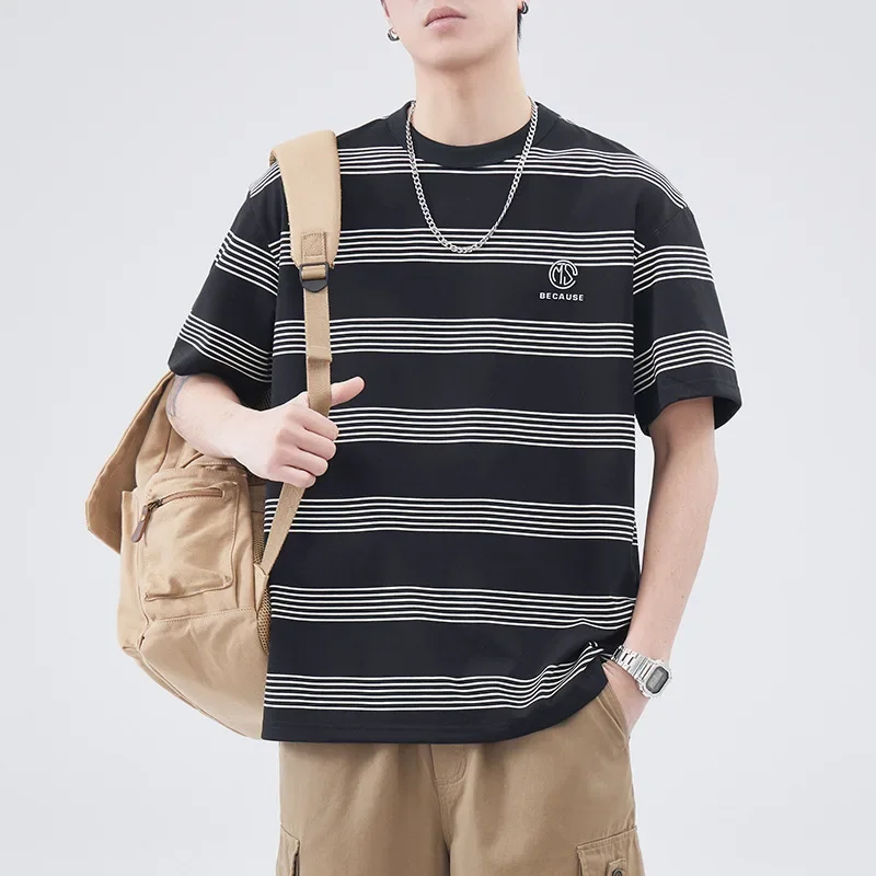 Ankay Japanese Vintage Striped Short Sleeve Men's T-shirt Loose Fit New Style Trendy Brand Half Body Round Neck