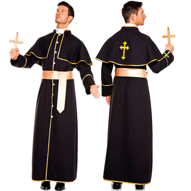 Black Classic Priest Costume Purim Halloween Adults Man Pope Robe Godfather Missionary Masquerade Party Cosplay Clothing