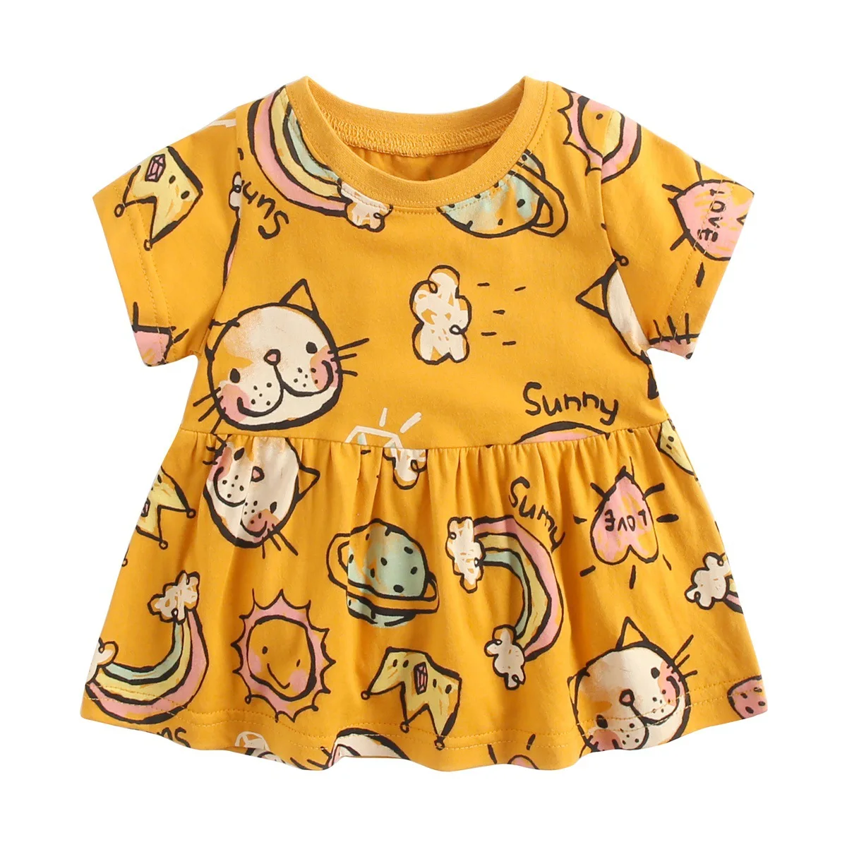 

Toddler Girls Dress Cartoon Printing Summer Short-Sleeved Children's Skirt Baby Girl Comfortable Cotton Yellow Casual Dresses