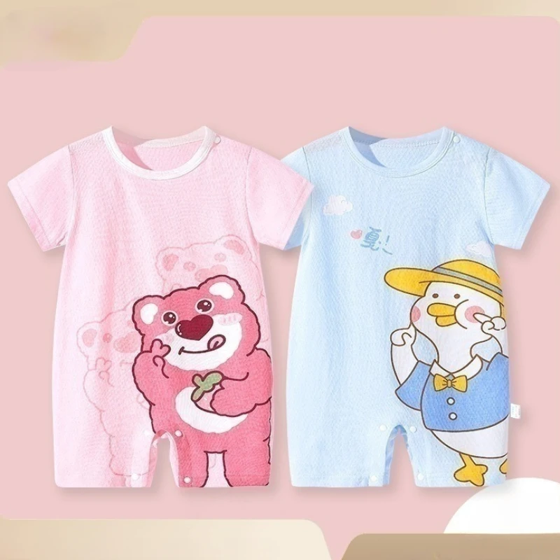 

0-2 Years Old Baby Lotso Pattern Summer Short Sleeve Jumpsuit Round Neck Cotton Print Cartoon Summer Newborn Crawler Outfit