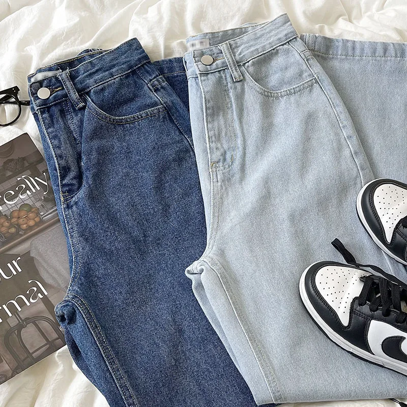 

Винтажные моющиеся простые прямые тонкие простые джинсовые брюки с высокой талией