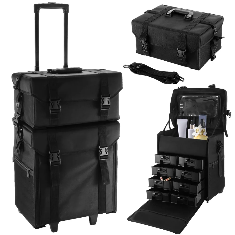2 in 1 Nylon Rolling Makeup Case with Wheels Travel Soft Cosmetic Cases Detachable Professional Rolling Trolley Makeup Case