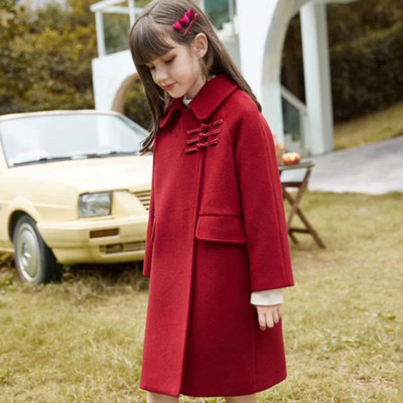 

10 12Y Autumn Winter Korean Teenager Girls Wool Red Coats Woolen Jacket for Girl Mid-Length New Year Clothes Childrens Clothing
