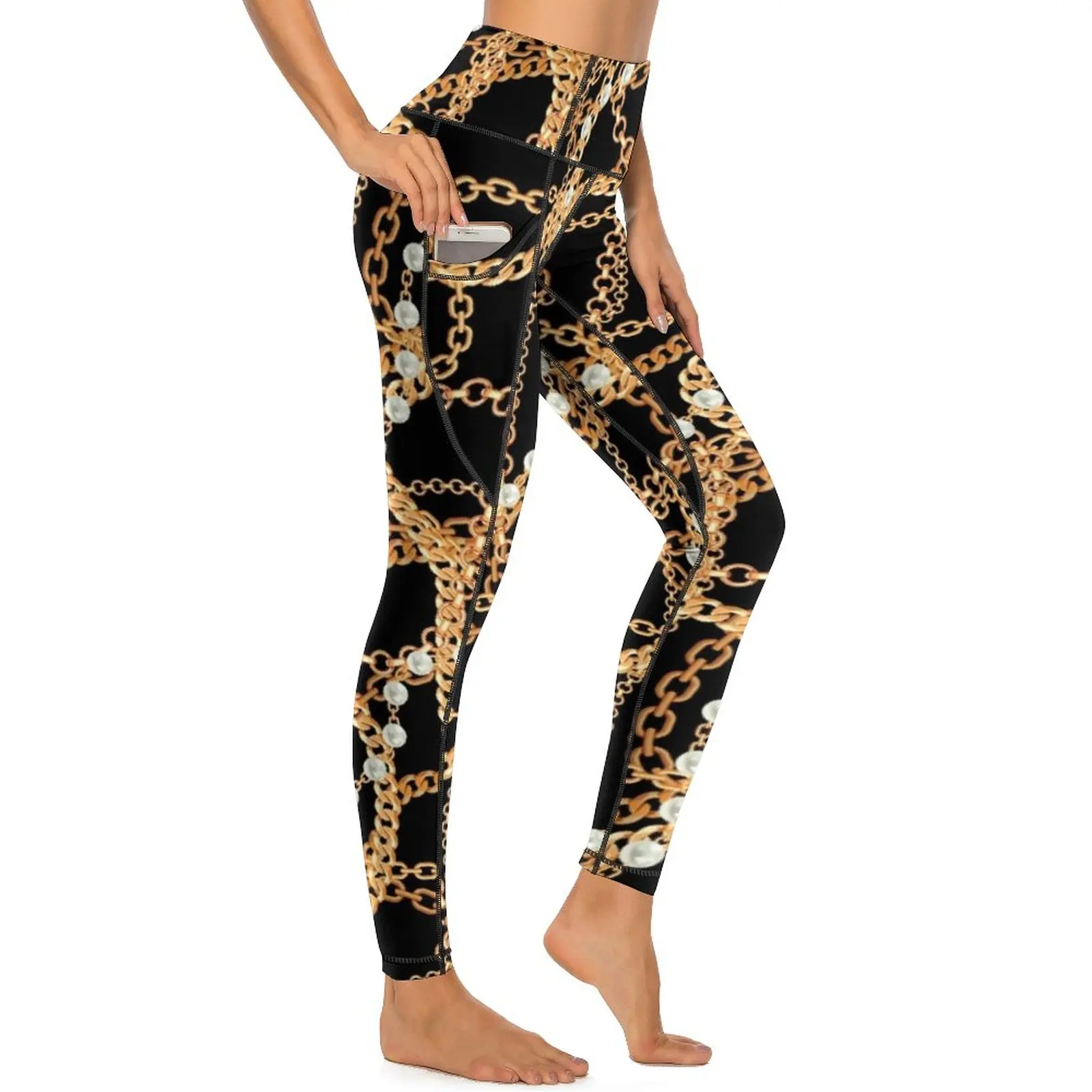 

Chain Print And Pearls Leggings Gold Link Fitness Yoga Pants Lady High Waist Vintage Leggins Sexy Stretch Custom Sports Tights