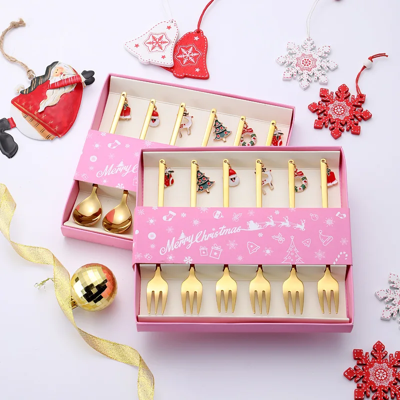 

6PCS Christmas Gift Spoon & Fork Sets Dessert Spoons And Fork Set Stainless Steel Mixing Spoon Cake Forks Coffee Mixing Spoon