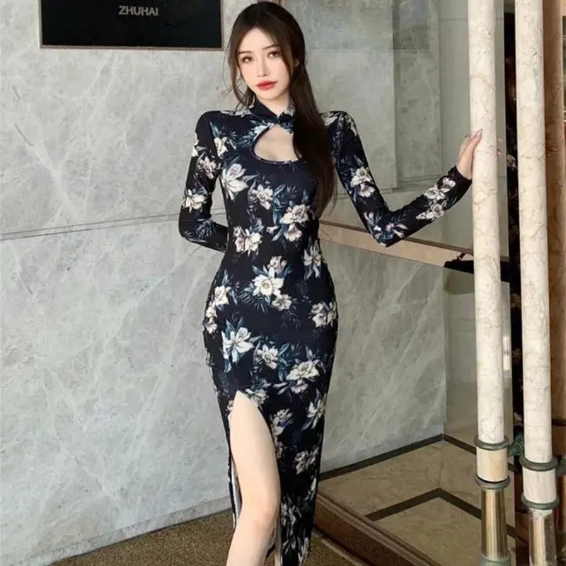 

Современное модное черное традиционное винтажное элегантное облегающее платье Ципао в китайском стиле, улучшенное женское платье с вырезами и принтом, Новинка