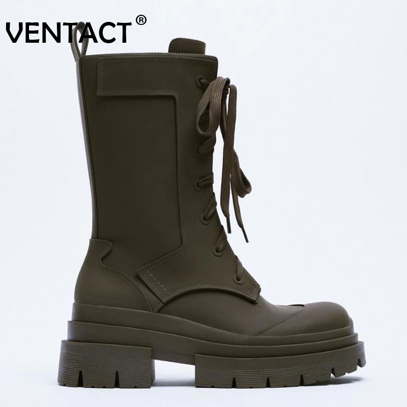 

VENTACT 2022 Women Mid Calf Boots Shoes Thick Bottom Platform Lace Up Cool Ins Style Fashion Winter Ladies Footwear Size 35-40