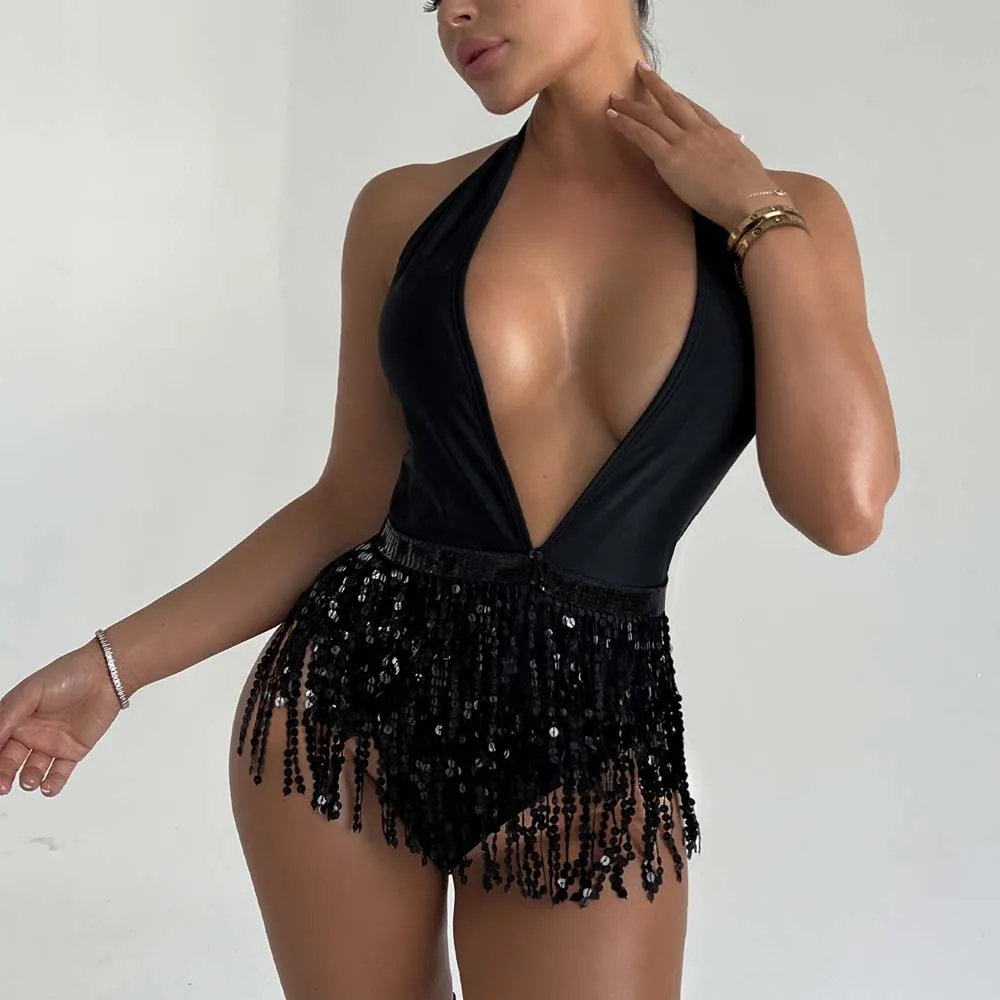 

Sequined Tessel Pole Dance Ware, One Piece Overall Nightclub Clothing, Sexy Sleeveless Bodysuit, Strip House Wear For Women