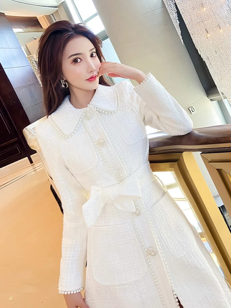 

Women's windbreaker coat, medium length, 2023 new spring and autumn, tweed, slim, high-end, white coat, women