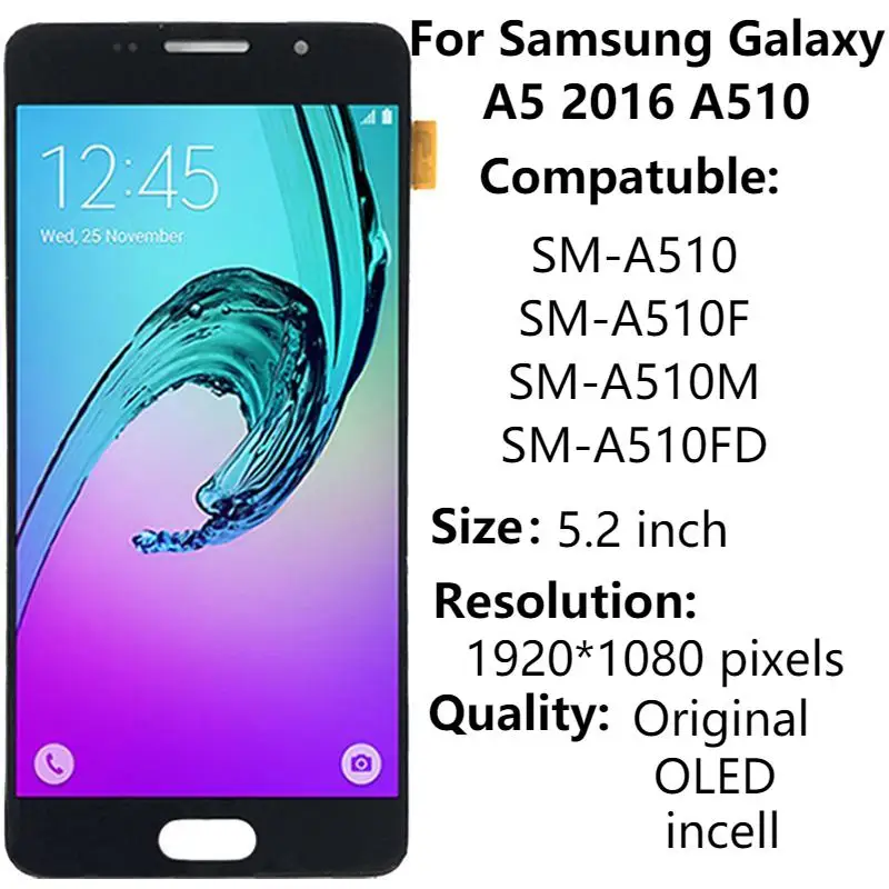 

ЖК-дисплей Super AMOLED 5,2 дюйма с рамкой для Samsung Galaxy A5 2016 A510 SM-A510F A510F/DS, сенсорный экран с дигитайзером в сборе, детали