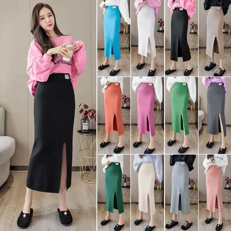 

Женская Длинная трикотажная юбка-карандаш с высокой эластичной талией, Осенние юбки с разрезом, женские зимние однотонные вязаные однотонные юбки, новинка 2022
