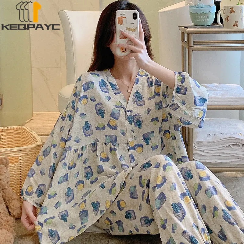 Women's Pajamas New 2023 Spring Autumn Long Sleeve V-neck Thin Cardigan Sleepwear Women Cartoon Floral Nightwear Clothing Sets