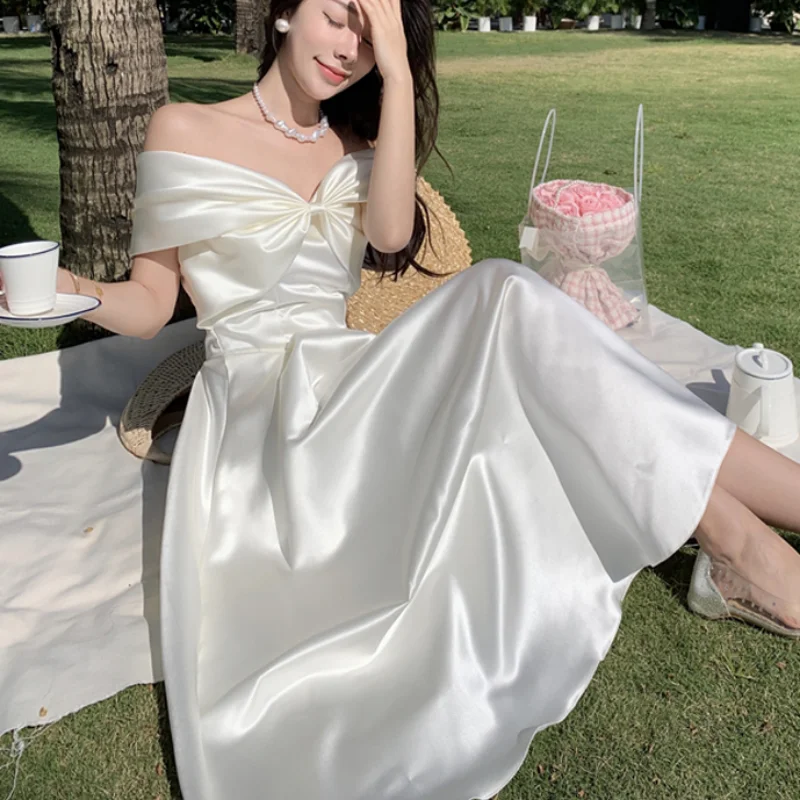 

French Satin off-Shoulder Birthday Formal Dress Long Dress Formal Dress Can Be Worn at Ordinary Times Tube Top Bow Fairy Dress