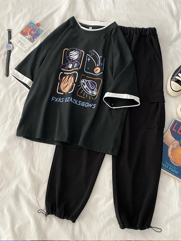 

korean Women Sets Summer Leisure Outfits Female preppy style cotton white Tops and Black pants two piece set young girls clothes