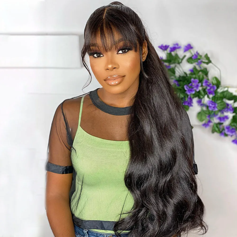 

250 High Density Wear And Go Glueless Wig With Bangs Body Wave 360 HD Transparent Lace Frontal Human Hair Wigs Ready to Wear