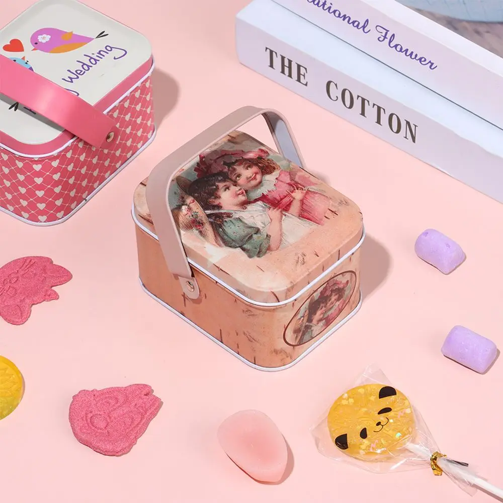 

Cartoon Pattern Hand-held Tinplate Box With Lids Candy Can Earphones Case Vintage Small Suitcase Party Supplies Cookie Wrapping