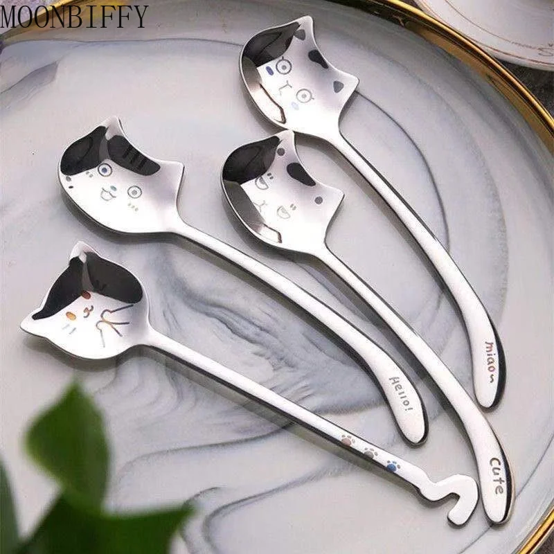 

1pcs funny coffee tea spoon long tail cat coffee spoon long handle spoon birthday gift dinnerware 304 stainless steel