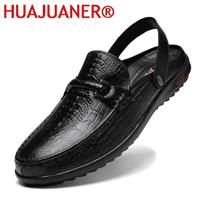 

New Hot Sale Summer Half Drag Men Outdoor Casual Flats Fashion Sandals Genuine Leather Beach Shoes Top Quality Non-slip Slippers