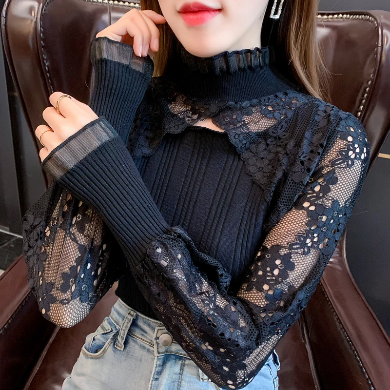 

2024 New Fall Winter European Clothes Knitted Sweater Chic Sexy Stand Patchwork Lace Hollow Out Women Puff Sleeve Tops 311123