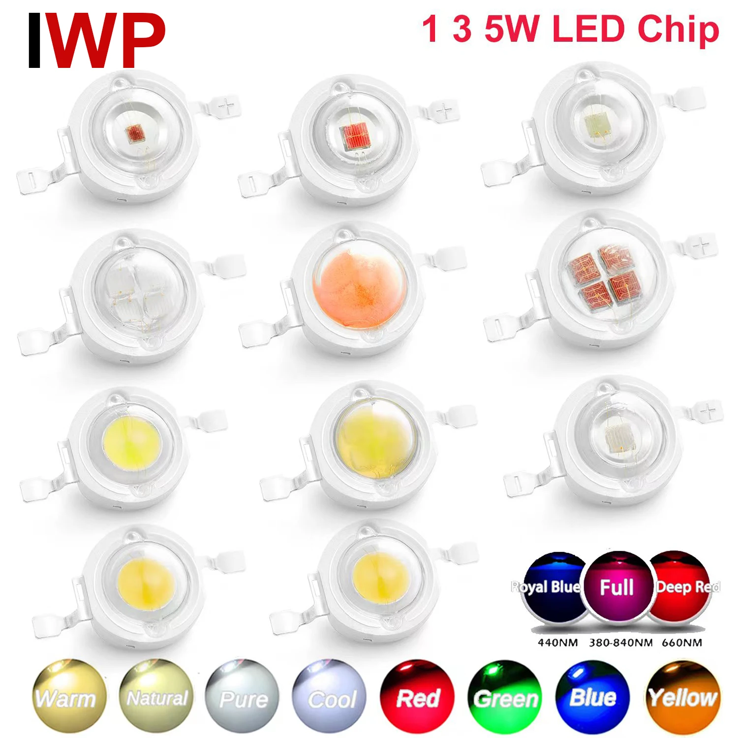 High Power Beads 1W 3W 5W Warm Natural Cold White Led Chips Light Bulb Intensity Red Blue Green Yellow Full Spectrum Grow Light