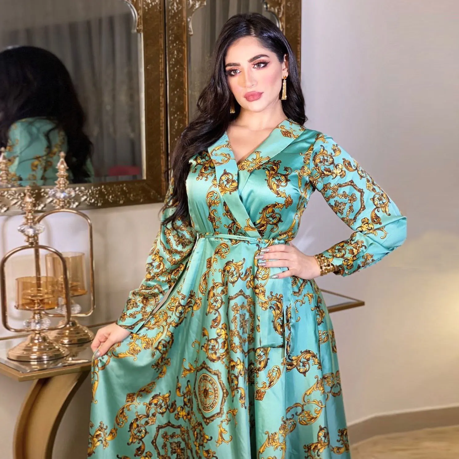 Robe Femme Musulmane Fashion Satin Printed Dress Spring Autumn Middle East Dubai Abaya Turkey Muslim Evening Dresses