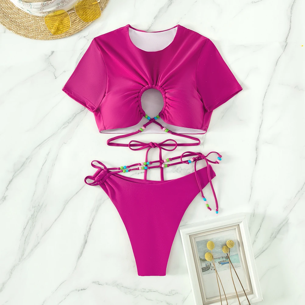 Two-piece Short Sleeve Swimsuit Women 2023 Summer Sexy Mini Bikini Sets Print Swimwear Low Waist Cross Tie Beachwear